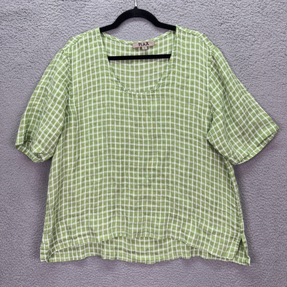 FLAX Top Womens L Green White Grid Check Linen Scoop Blouse Cottagecore Picnic
